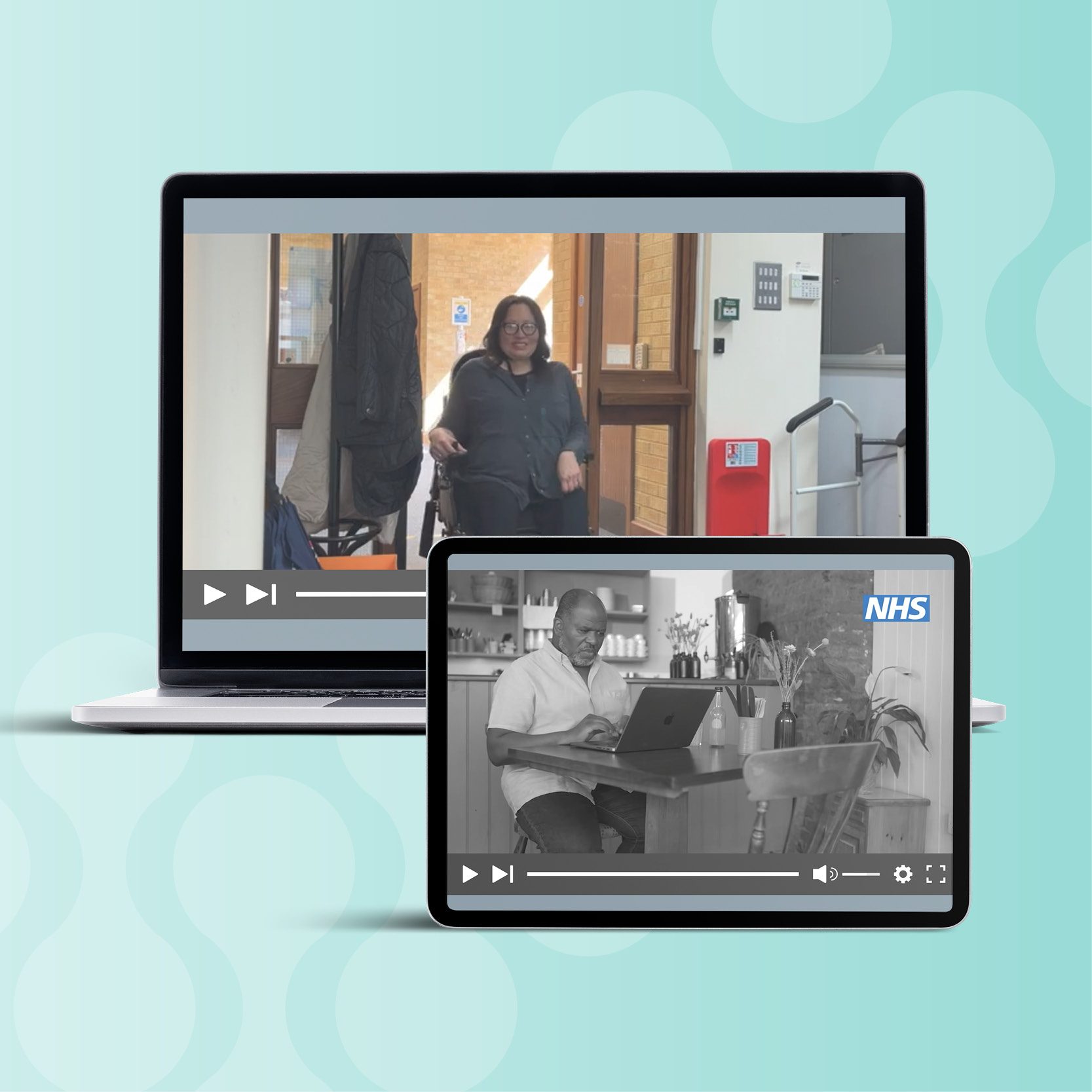 Decorative layout displaying patient videos being played on a laptop and hand held device