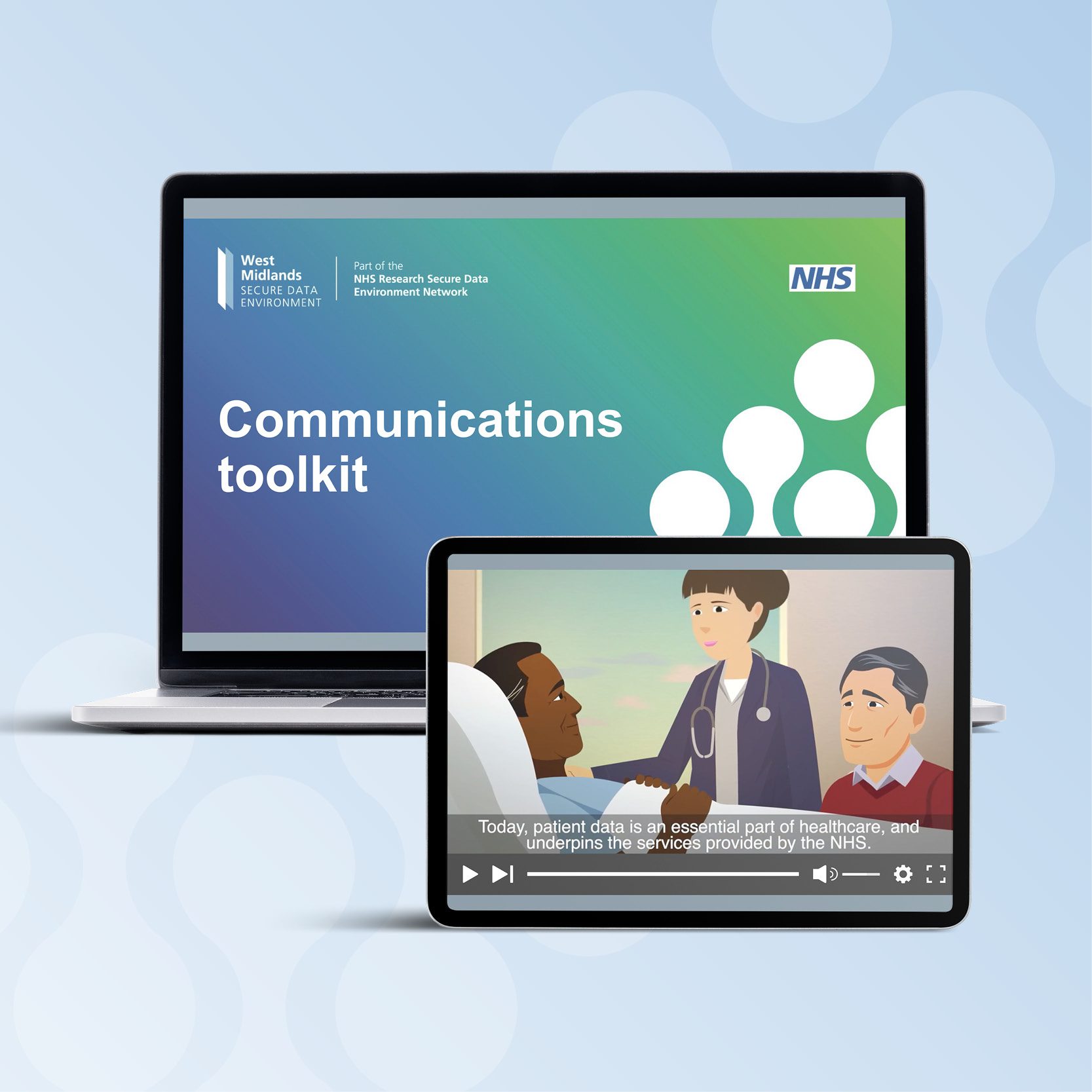 Decorative design representing communications toolkit resources displayed on a laptop and hand held device